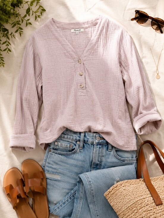 Madewell Tops - Madewell XS Pale Pink Textured Lightweight Gauze Henley Blouse